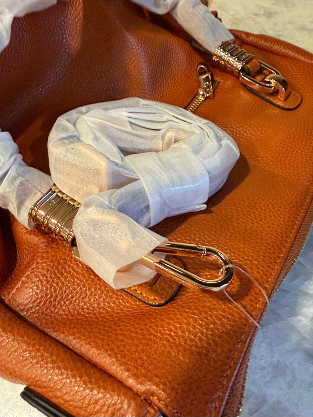 Pebbled Shoulder Tote in Cognac Brown with Gold Hardware - Picture 3 of 3